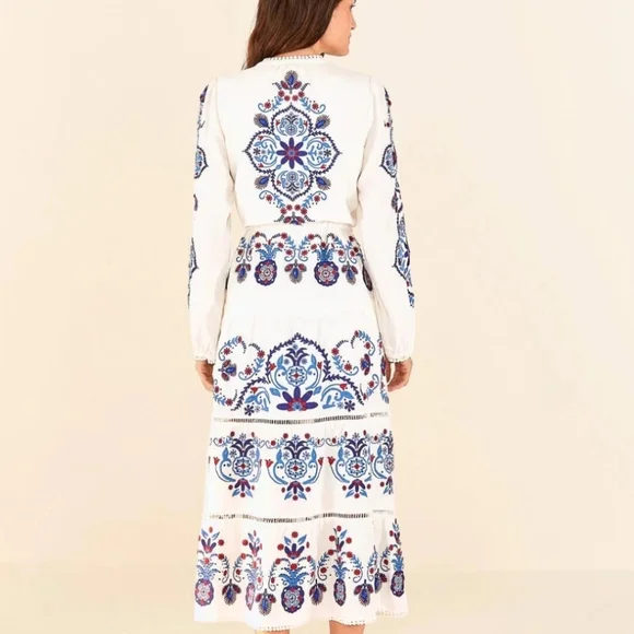 FARM Rio White Long-Sleeve Maxi Dress with Blue and Purple Embroidery - Picture 3 of 9